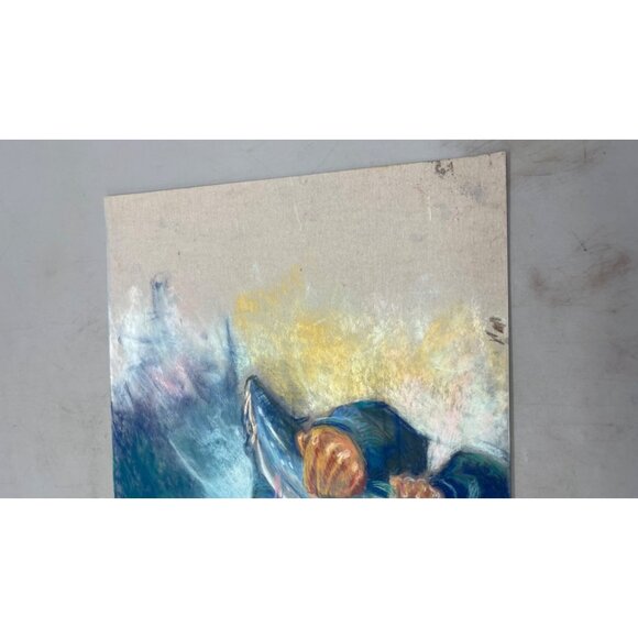 Original Pastel Art Of A Child Holding A Fish laughter blue 12x17.5" READ - Picture 2 of 5